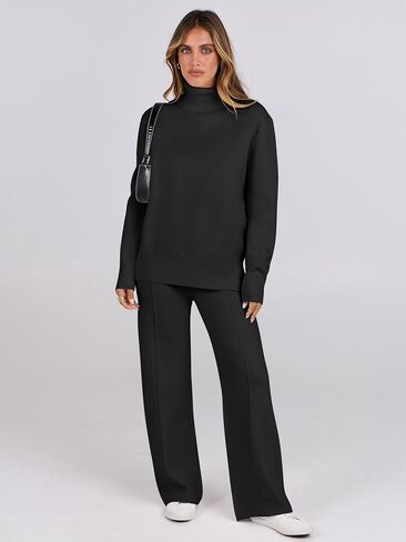 ANRABESS Womens 2 Piece Outfits Sweater Sets Loose Turtlenck Knit Pullover Top Wide Leg Pants 2024 Fall Lounge Sweatsuits in Saudi Arabia