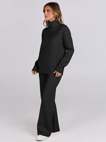 ANRABESS Womens 2 Piece Outfits Sweater Sets Loose Turtlenck Knit Pullover Top Wide Leg Pants 2024 Fall Lounge Sweatsuits in Saudi Arabia