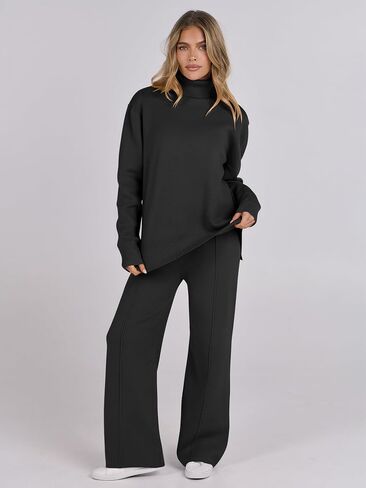 ANRABESS Womens 2 Piece Outfits Sweater Sets Loose Turtlenck Knit Pullover Top Wide Leg Pants 2024 Fall Lounge Sweatsuits in Saudi Arabia