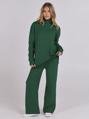 ANRABESS Womens 2 Piece Outfits Sweater Sets Loose Turtlenck Knit Pullover Top Wide Leg Pants 2024 Fall Lounge Sweatsuits in Saudi Arabia