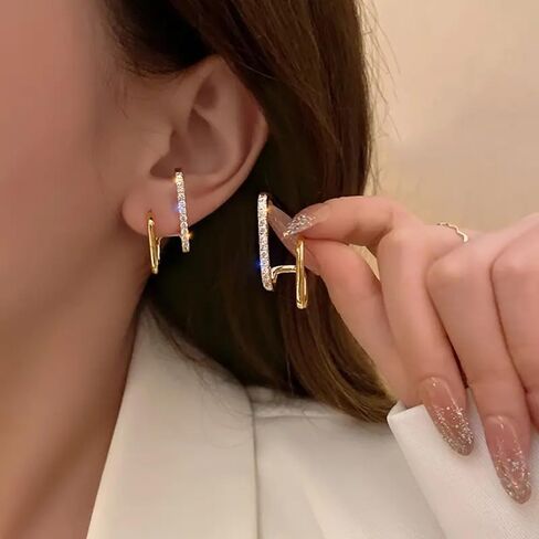 GAhrïelle Studio Sterling Silver S925 Post Cubic Zirconia Half Hoop Stud Earrings Made to Look Like Either 2 or 4 Gold Hoop Earrings, Silver and Gold Plated (Gold) in Saudi Arabia