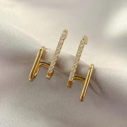 GAhrïelle Studio Sterling Silver S925 Post Cubic Zirconia Half Hoop Stud Earrings Made to Look Like Either 2 or 4 Gold Hoop Earrings, Silver and Gold Plated (Gold) in Saudi Arabia