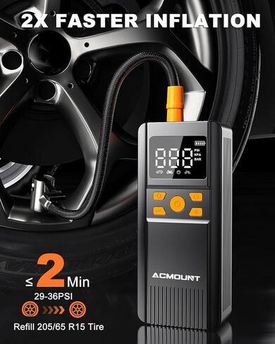 منفاخ إطارات لاسلكي، ضاغط هواء محمول، مضخة هواء محمولة بقوة 150 رطل لكل بوصة مربعة للسيارة، ضاغط هواء كهربائي أسرع 2X مع شاشة LCD/مقياس/ضوء للدراجات النارية والدراجة والكرة in Kuwait