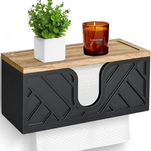 Paper Towel Dispenser Wall Mount, Wood Paper Towel Holder Wall Mount with Lid, Commercial C-Fold, Z-Fold, Trifold Hand Towel Holder Dispenser Countertop, Black Napkin Holder for Bathroom Kitchen Decor in Saudi Arabia