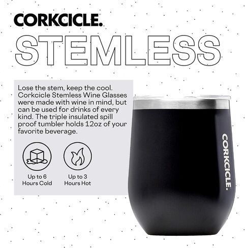 Corkcicle Stemless Insulated Wine Glass Tumbler, Matte Black, 12 oz – Stainless Steel Stemless Wine Glass Keeps Beverages Cold for 6 Hours, Hot for 3 Hours – Non-Slip, Easy-Grip Insulated Cup in Saudi Arabia