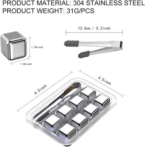 Whiskey Stones 8 Pack, Metal Reusable Ice Cubes, Stainless Steel Ice Cubes, Suitable for Whiskey, Vodka, Liqueurs, Wine, Beverage Juice or Soda in Saudi Arabia