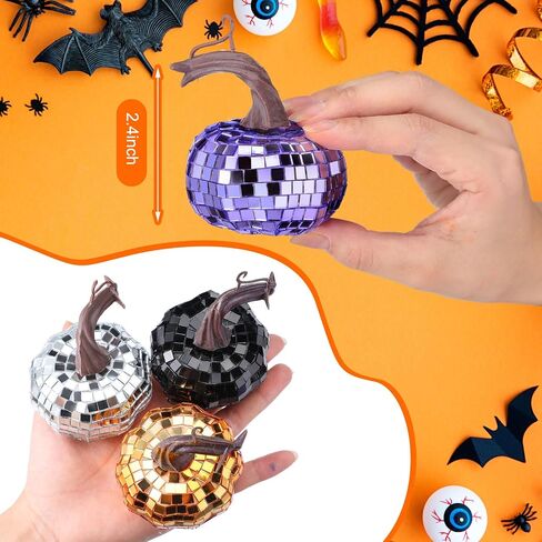 24 Pcs Artificial Disco Pumpkin Glitter Mirror Pumpkin Fall Hanging Mini Pumpkins Ornaments for Autumn Halloween Thanksgiving Decoration Table Centerpiece(Black, Silver, Orange, Purple) in Saudi Arabia