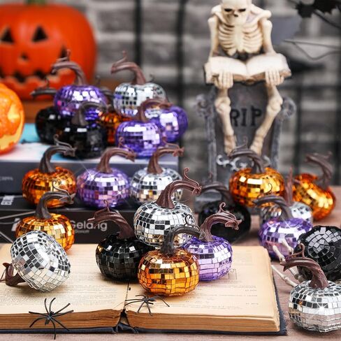 24 Pcs Artificial Disco Pumpkin Glitter Mirror Pumpkin Fall Hanging Mini Pumpkins Ornaments for Autumn Halloween Thanksgiving Decoration Table Centerpiece(Black, Silver, Orange, Purple) in Saudi Arabia