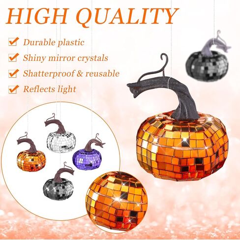 24 Pcs Artificial Disco Pumpkin Glitter Mirror Pumpkin Fall Hanging Mini Pumpkins Ornaments for Autumn Halloween Thanksgiving Decoration Table Centerpiece(Black, Silver, Orange, Purple) in Saudi Arabia