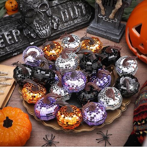 24 Pcs Artificial Disco Pumpkin Glitter Mirror Pumpkin Fall Hanging Mini Pumpkins Ornaments for Autumn Halloween Thanksgiving Decoration Table Centerpiece(Black, Silver, Orange, Purple) in Saudi Arabia