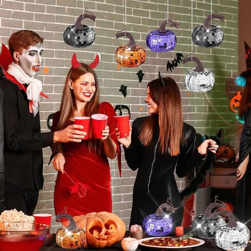 24 Pcs Artificial Disco Pumpkin Glitter Mirror Pumpkin Fall Hanging Mini Pumpkins Ornaments for Autumn Halloween Thanksgiving Decoration Table Centerpiece(Black, Silver, Orange, Purple) in Saudi Arabia