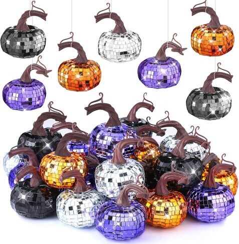 24 Pcs Artificial Disco Pumpkin Glitter Mirror Pumpkin Fall Hanging Mini Pumpkins Ornaments for Autumn Halloween Thanksgiving Decoration Table Centerpiece(Black, Silver, Orange, Purple) in Saudi Arabia
