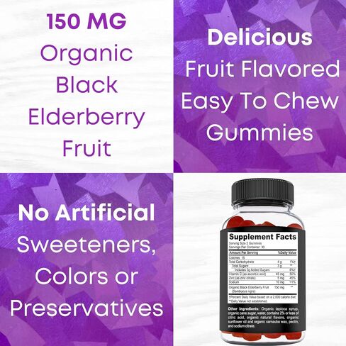 USDA Organic Elderberry Gummies - High Potency 150mg Organic Elderberry Gummies for Adults & Kids with Vitamin C & Zinc - Immune Support Gummies - Vegan, Gelatin & Gluten Free - 60 Count in Saudi Arabia