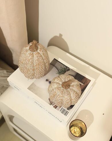 Thanksgiving Resin Pumpkin Decor, Brown and White Pumpkin Statue for Fall Harvest Decor, Faux Decorative Pumpkins Figurine for Table Centerpiece, Autumn Countryside Style Home Decor, Set of 2, Gift in Kuwait