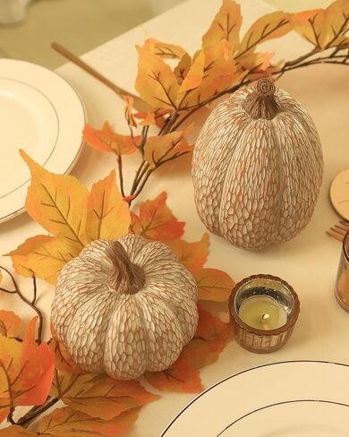 Thanksgiving Resin Pumpkin Decor, Brown and White Pumpkin Statue for Fall Harvest Decor, Faux Decorative Pumpkins Figurine for Table Centerpiece, Autumn Countryside Style Home Decor, Set of 2, Gift in Kuwait