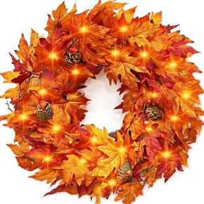 [ Timer ] 24" Fall Wreaths for Front Door with Lights, Fall Door Wreath with Maple Leafed Real Pine Cones Berried Branches Fall Autumn Wreath for Thanksgiving Decor Indoor Outdoor Home Decorations