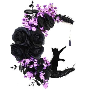 Halloween Wreaths For Front Door, Flower Moon Cat Halloween Home Decoration, Halloween Family Gathering Decoration Wreath，Outdoor, Wall, Closet, Fence, Wreath Halloween (Moon Cat - White13.7in×9.8in)
