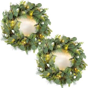 2 Pcs 28.5 Inch Lit Faux Eucalyptus and Pine Wreath with Lights Artificial Eucalyptus Leaves Wreath Spring Green Eucalyptus Wreath for Front Door Christmas Window Mantle Wedding Home Decor