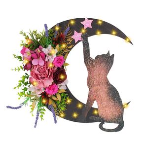 Halloween Wreaths For Front Door, Flower Moon Cat Halloween Home Decoration, Halloween Family Gathering Decoration Wreath，Outdoor, Wall, Closet, Fence, Wreath Halloween (Moon Cat - White13.7in×9.8in)