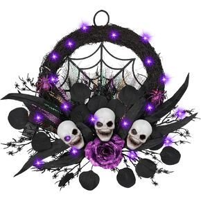 Halloween Wreaths for Front Door with Lights, Black Wreath with Eucalyptus Leaves, Rose, Skull and Spider,Lighted Front Door Wreath for Halloween Party Wall for Indoor and Outdoor
