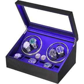 ANWBROAD Watch Winder for Automatic Watches 4 Watch Rotator and 6 Extra Storages with Super Quiet Motor and LED Backlight Watch Turner Carbon Fiber Watch Shaker 5 Rotating Modes Gift UJWW002