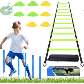 Agility Ladder Training Poles Equipment, Soccer Training Equipment-20ft Speed Ladder, 6 Agility Poles, 8 Soccer Cones for Training Football Basketball Rugby Training Equipment for Kids Youth Adults