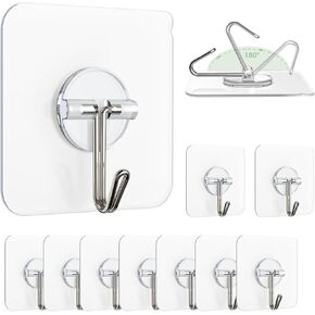 Adhesive Wall Hooks for Hanging - Clear Removable Ceiling Hooks 13lb Stainless Steel Self Adhesive Hooks Waterproof Sticky Hooks for Window Kitchen Cabinet Shower Wardrobe 10 Pack