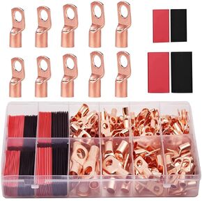 100pcs Gold+50pcs Cold Pressed Terminals+50pcs Heat Shrink Tube Box,Copper Wire Lugs AWG2 4 6 8 10 12 with Heat Shrink Set