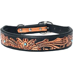 HILASON Floral Hand Tooled Strong Genuine Leather Dog Collar Black Large