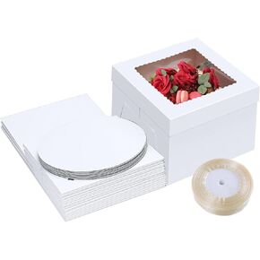 10 Sets/20 Pcs Tall Cake Boxes with Board, 10x10x8 Inch, Cake Box Set (10 Pcs Boxes,10 Pcs Boards and a ribbon), White Cake Boxes with Window, Suitable for Cake Packaging for Birthday, Wedding