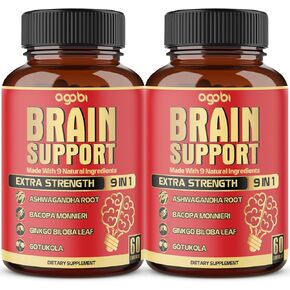 agobi 9in1 Brain Support Supplement 5750 Mg - 2 Packs 60 Counts Blended Ashwagandha, Panax Ginseng, Gotu Kola, Ginkgo, Black Pepper & more - Accuracy, Focus, Memory & Energy Production Support