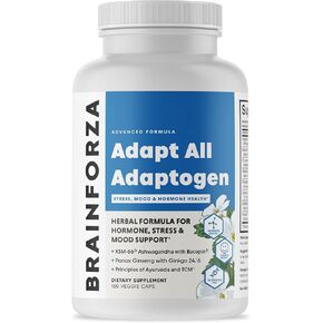 Brain Forza Adapt All Herbal Adaptogen - Stress & Mood Support Supplement, KSM-66 Ashwagandha, Bacopa, Rhodiola, Cordyceps, Ginkgo Biloba, Lemon Balm, 180 Capsules