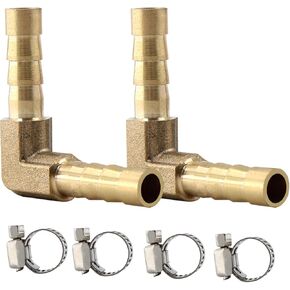 2Pcs 1/4Inch 90 Degree Brass Hose Barb, L Right Angle Brass Barb Elbow Connector Fitting with 4Pcs Hose Clamps for Fuel, Air, Water, Oil, Gas(6mm)