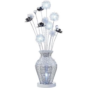 Benjara 32 Inch Accent Table Lamp, Metal Flowers with Vase Design, Chrome Finish, Silver