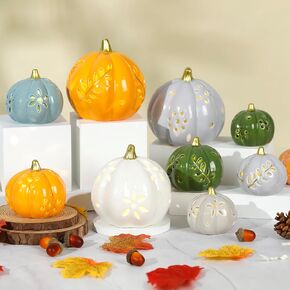 9 Pcs Ceramic Lighted Pumpkin Artificial Pumpkin Fall Decorations White Orange Blue Porcelain Harvest Thanksgiving Table Centerpieces Decor for Home