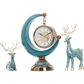 LANDCHY16''H الباروك ساعة مكتب الراتنج رف ساعة مع 2 الغزلان تمثال السيراميك العتيقة ساعة الذكرى السنوية لغرفة المعيشة غرفة نوم ديكور مكتب، اللون الفيروزي in Kuwait