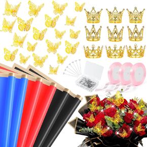 241 Pcs Flower Wrapping Paper Set, Waterproof Flower Wrapping Paper, Bouquet Wrapping Paper With Ribbons Crowns Flower Pins and 3d Butterflies for Mother's Day Weddings Birthday Florist Wrap DIY Pink