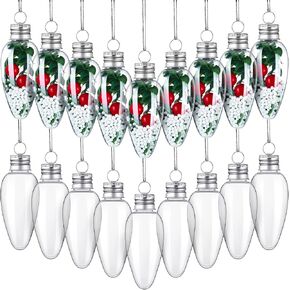 60 Pcs Christmas Clear Plastic Bulb Shape Ornaments Fillable DIY Light Bulb Clear Christmas Ornaments Fillable Ornaments Empty Lightbulbs with 2 Pcs Silver Rope and for Candy DIY Craft Tree Decor