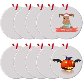 10Pcs Sublimation Ornaments Blanks Round White Blank Ceramic Ornament for Sublimation Personalized 2024 Christmas Ornament Bulk Circle Porcelain Blank Ornaments for Heat Transfer Print DIY Craft Gift