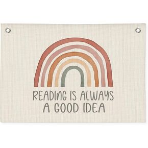 Reading Corner Decor for Classroom, Reading Is Always A Good Idea Canvas Banner, Boho Rainbow Wall Hanging Banner Flag Decor for Reading Corner Nook Playroom