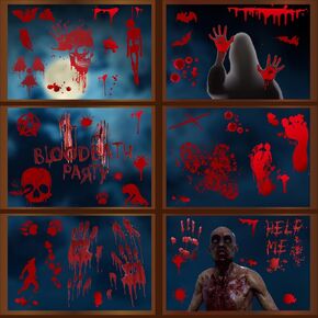 2024 New Model Halloween Static Cling Window Stickers, Black Castle, Tree, Bats, Spiders, Pumpkin, Shop Window Glass Decorative Film (RED)