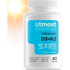 D3(5000IU) & K2(100 MCG) in 1 Capsule for Maximum Bioavailability - Cardiovascular, Immune and Bone Support - 60 Capsules