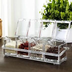 Clear Seasoning Box,4 Spice Jars Condiment Containers with Lids and 4Pcs Spoons 1Pcs Tray Seasoning Organizer for Salt, Sugar,Cardamon, Cinnamon,Cloves,Mustard,Nutmeg,Pepper and Tumeric