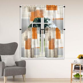 Dark Brown Tier and Swag Window Curtain Set, 3Pcs Kitchen Curtain Abstract Art Valance Set Brown Rod Pocket Curtain for Kitchen Window Modern Unique Patterns