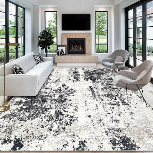 سجادة غرفة المعيشة مقاس 9 × 12، سجادة تجريدية حديثة قابلة للغسل في الغسالة، سجادة منطقة محايدة ناعمة غير قابلة للانزلاق ومقاومة للبقع، سجاد كبير لغرفة المعيشة وغرفة الطعام وغرفة النوم والمكتب (أسود، 9 × 12 بوصة) in Kuwait