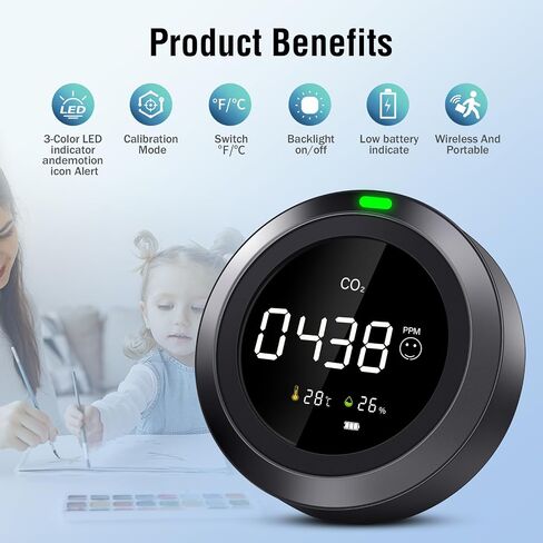 CO2 Monitor, Indoor Air Quality Monitor Test CO2, Temperature & Humidity, Easy Calibration Carbon Dioxide Monitor, CO2 Meter with Real-Time Readings for School, Homes, car, Travel in Saudi Arabia