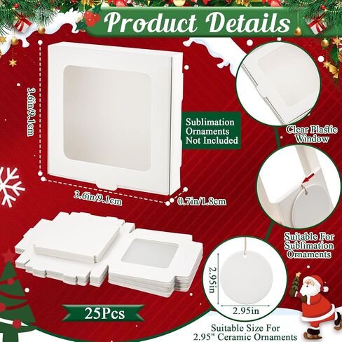 25 Pcs Sublimation Ornament Blanks Gift Box 3.6" x 3.6" x 0.7" Christmas Ornaments Holder Ceramic Discs Ornaments Packaging Box with Window for Personalized Xmas Tree Ornament Blanks Bulk in Saudi Arabia
