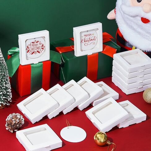 25 Pcs Sublimation Ornament Blanks Gift Box 3.6" x 3.6" x 0.7" Christmas Ornaments Holder Ceramic Discs Ornaments Packaging Box with Window for Personalized Xmas Tree Ornament Blanks Bulk in Saudi Arabia