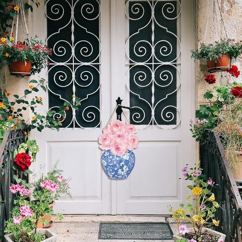 ديكور Ryeolo Chinoiserie، مزهرية صينية من البورسلين الأزرق والأبيض باللون الوردي الفاوانيا الوردية، علامات لوحة خشبية معلقة على الحائط، ديكور جدار صيني، ديكور الألفية الكبرى، 7.0x10.2 بوصة in Saudi Arabia