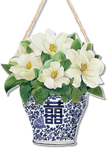 ديكور Ryeolo Chinoiserie، مزهرية صينية من البورسلين الأزرق والأبيض باللون الوردي الفاوانيا الوردية، علامات لوحة خشبية معلقة على الحائط، ديكور جدار صيني، ديكور الألفية الكبرى، 7.0x10.2 بوصة in Saudi Arabia